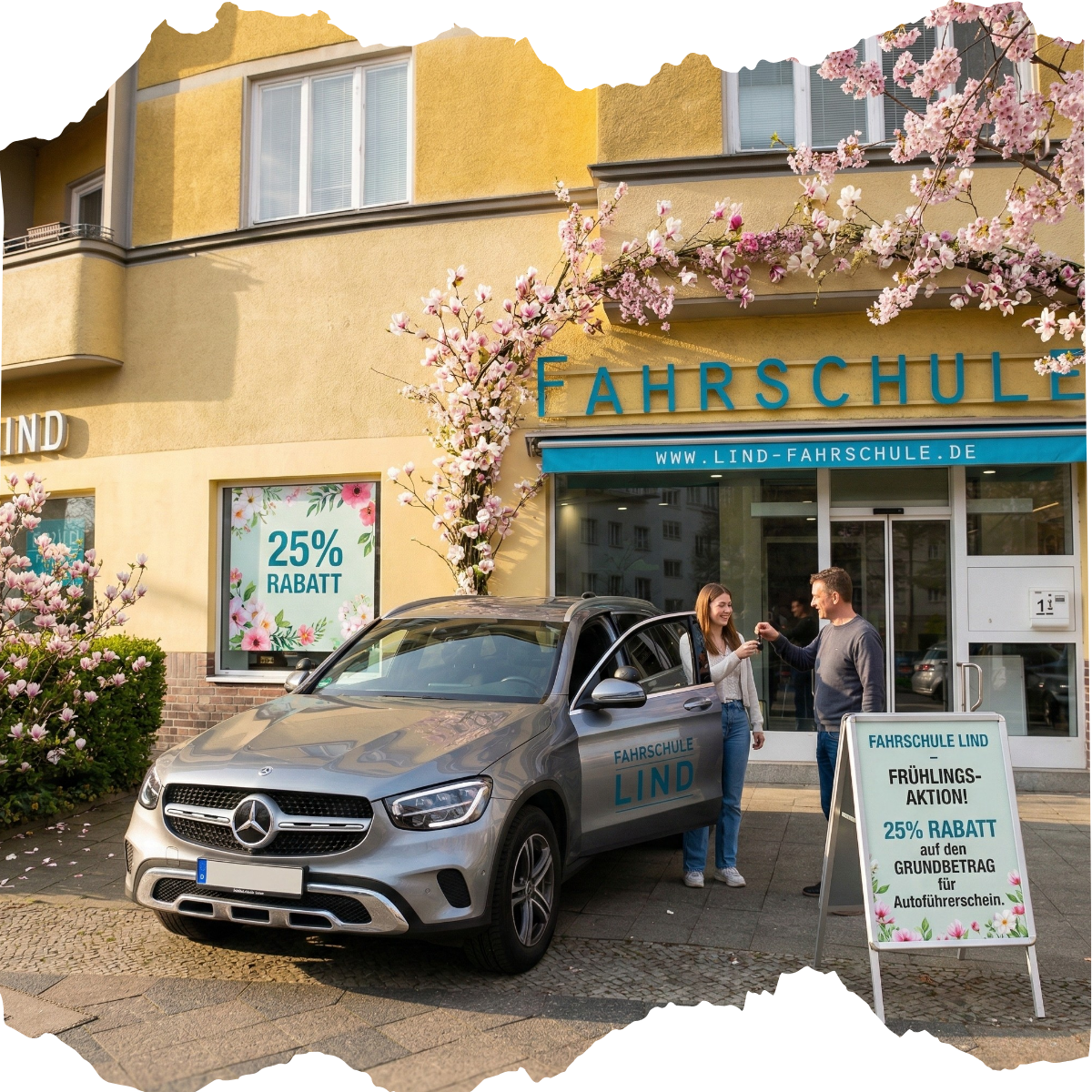 Fahrschule Lind in Berlin Steglitz mit Frühlingsaktion – 25 % Rabatt auf den Grundbetrag, Fahrschülerin erhält Autoschlüssel vor dem Standort.