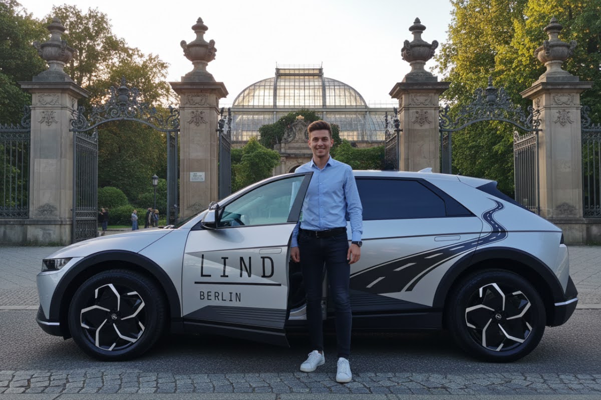 Moderne Fahrschule Lind in Berlin – Fahrschüler mit Fahrschulauto vor dem Botanischen Garten in Berlin Steglitz.