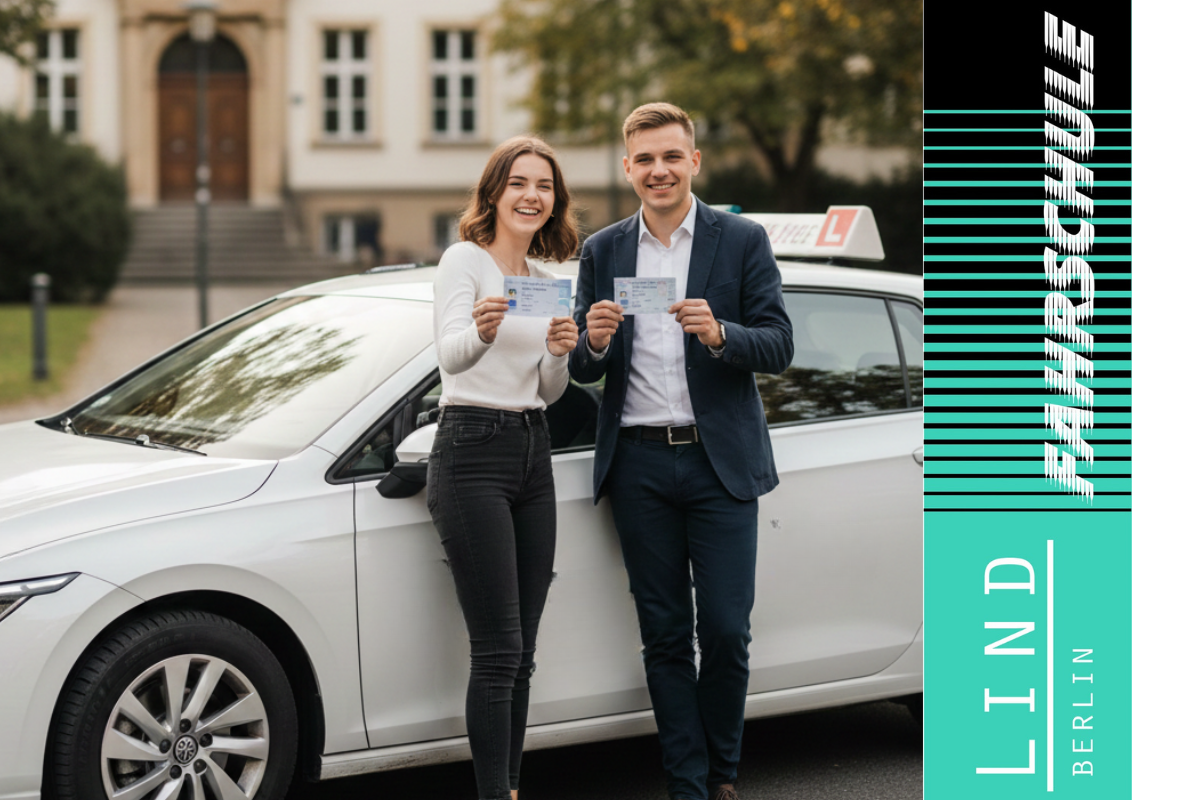 Fahrschule Lind in Berlin: Zwei Schüler mit Führerschein vor dem Fahrschulauto – passend für das Graue Kloster Gymnasium.
