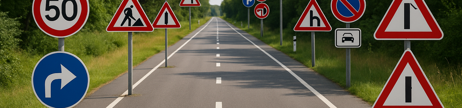 Gerade Landstraße mit zahlreichen Verkehrsschildern, umgeben von grünen Bäumen – Symbolbild für theoretischen Unterricht in der Fahrschule.